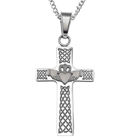 Stainless Steel Celtic Claddagh Cross Pendant Necklace - Irish Symbol of Love, Loyalty & Friendship