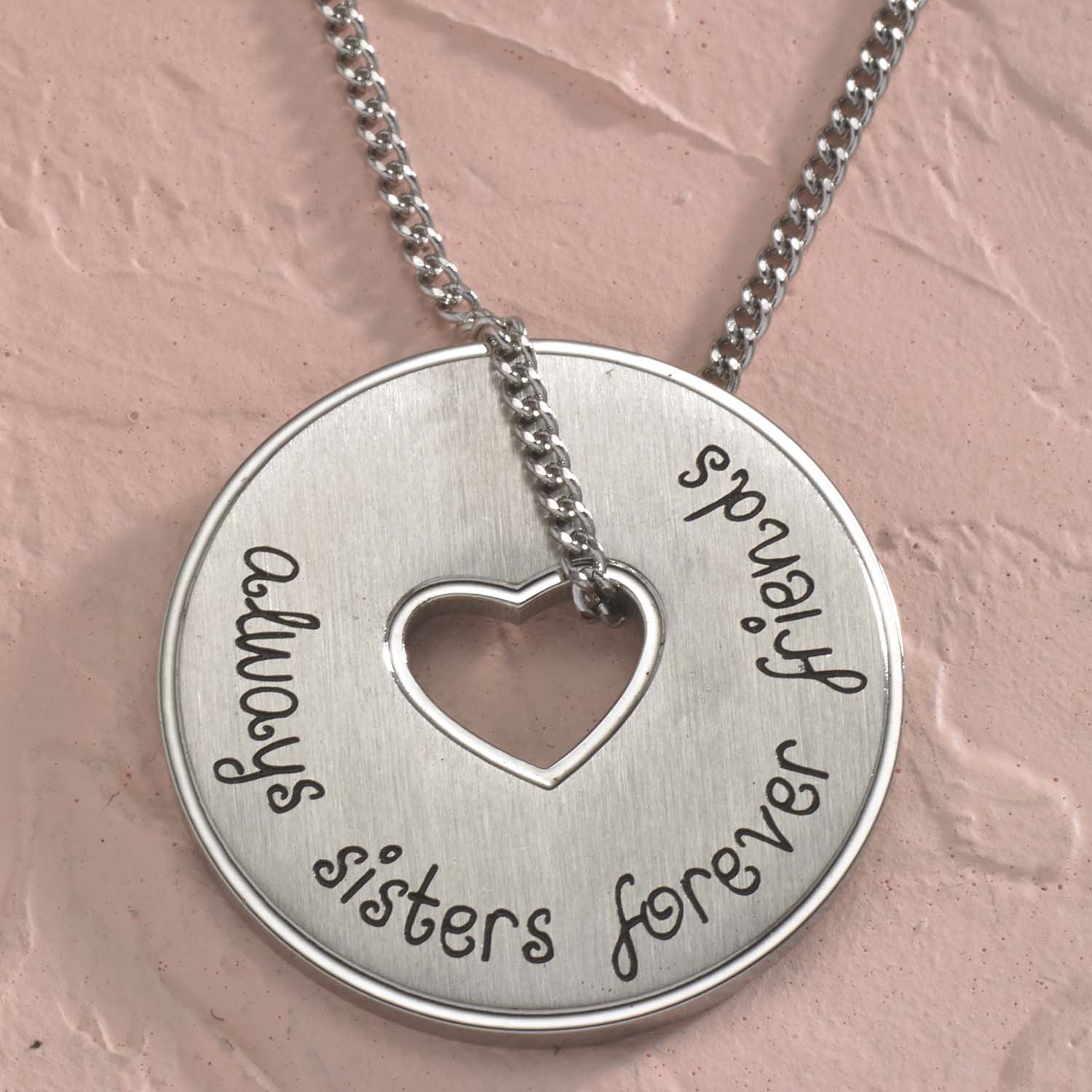 Always Sisters, Always Friends Heart Cutout Stainless Steel Pendant Necklace