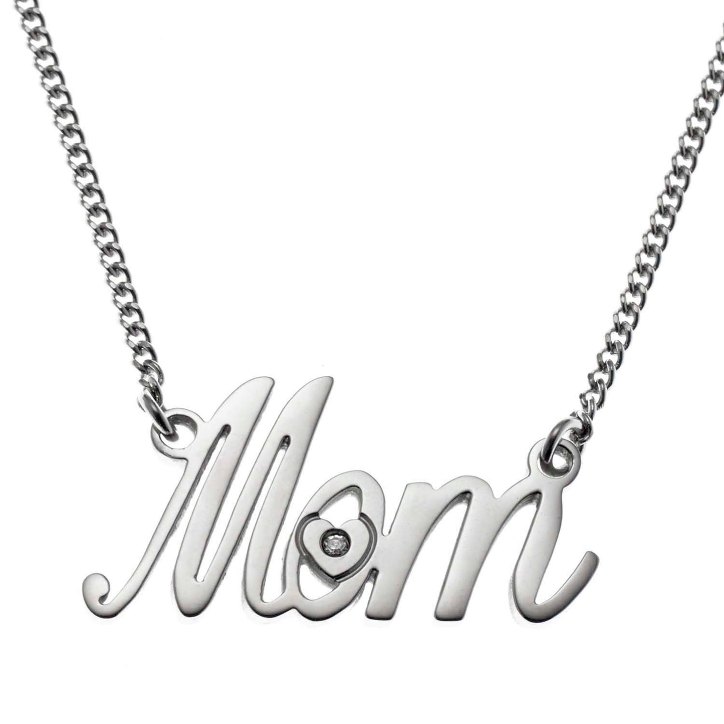 Stainless Steel "Mom" Script Pendant Necklace with Cubic Zirconia Heart - Sentimental Mother's Day Gift