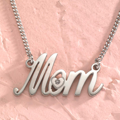 Stainless Steel "Mom" Script Pendant Necklace with Cubic Zirconia Heart - Sentimental Mother's Day Gift