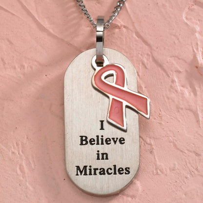 dog-tag-pendant-necklace-I-believe-in-miracles-pink-ribbon-brushed-Steel