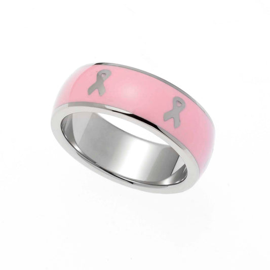 Pink Enamel Ribbon Stainless Steel Inspirational Ring