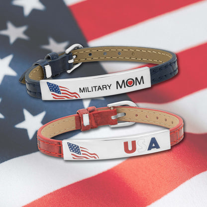 Adjustable Blue Leather Military Mom Bracelet - Patriotic Jewelry Gift for Proud Army, Navy, Air Force, Marine or Coast Guard Mothers