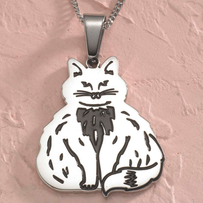 Stainless Steel Fluffy Cat Pendant Necklace - Adorable Cat Lover Gift Jewelry