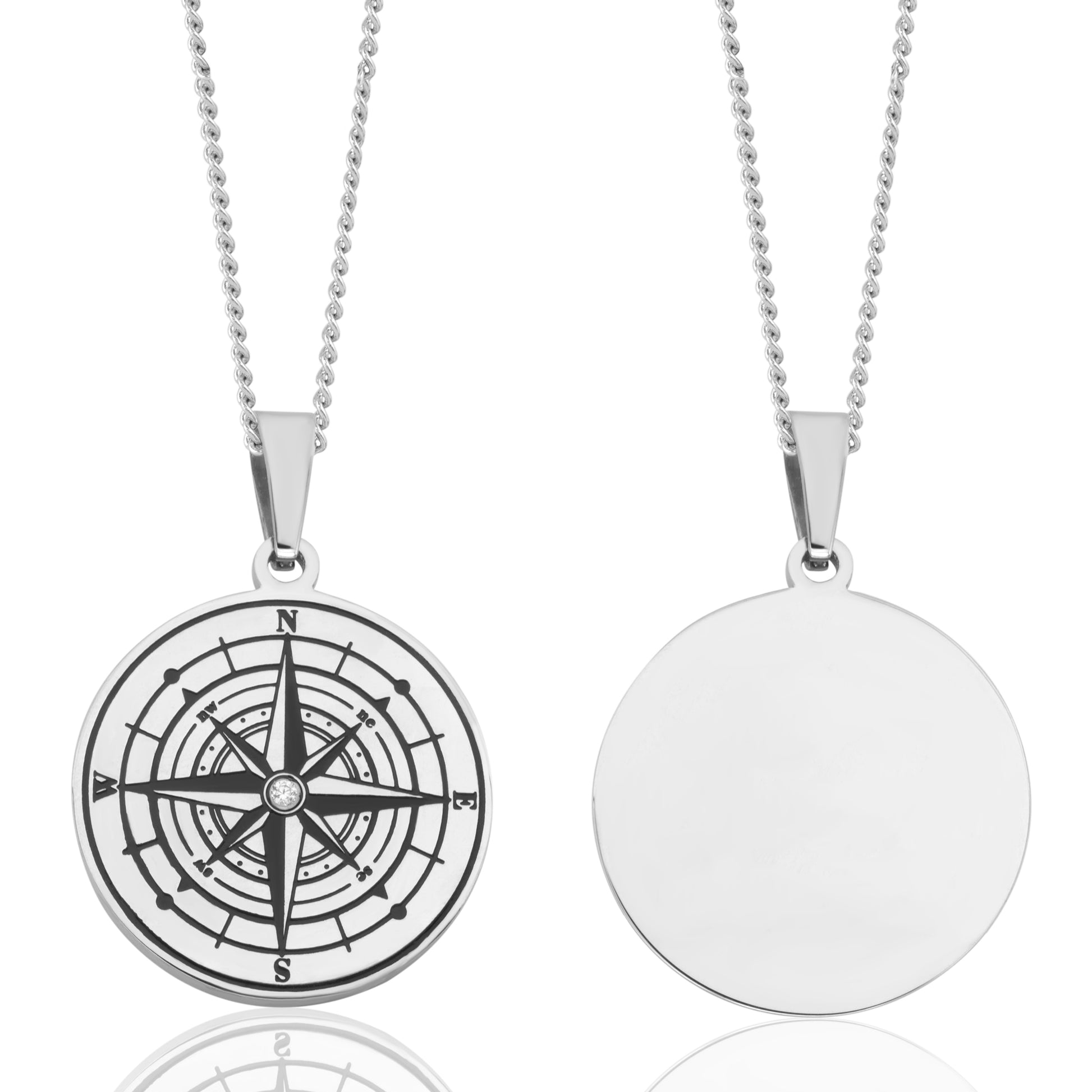 Nautical Compass CZ Pendant Necklace. Features a center Cubic Zirconia stone. This pendant comes with an 18 inches chain with a 3 inches extender and a Lobster Claw clasp. The pendant material is Stainless Steel with a 1.25 inches length. Add meaningful engraving