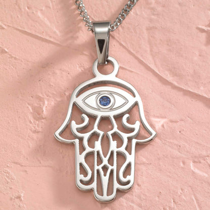 Steel Filigree Hamsa Hand Pendant Necklace with Blue Cubic Zirconia Stone