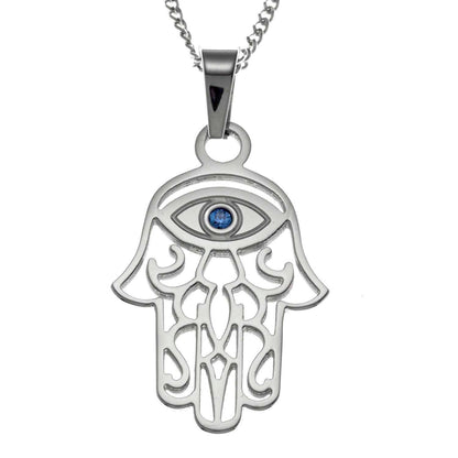 Steel Filigree Hamsa Hand Pendant Necklace with Blue Cubic Zirconia Stone