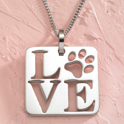 Pet Love Paw Print Square Pendant Necklace in Stainless Steel