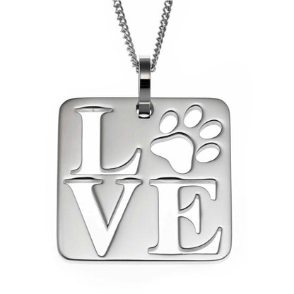 Pet Love Paw Print Square Pendant Necklace in Stainless Steel