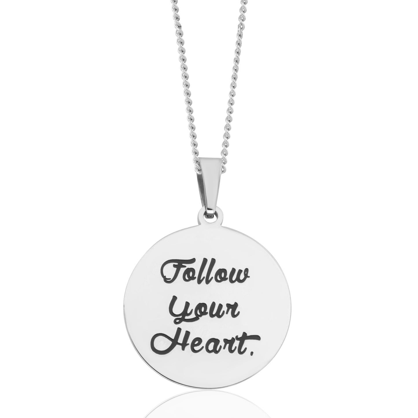 Stainless Steel "Follow Your Heart" Engraved Compass Pendant Necklace with Cubic Zirconia