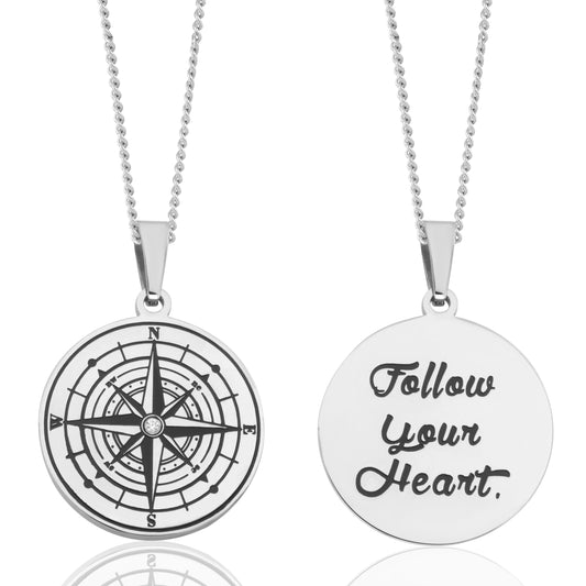 Stainless Steel "Follow Your Heart" Engraved Compass Pendant Necklace with Cubic Zirconia