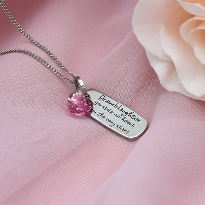 "Granddaughter, You Stole My Heart" Heartfelt Engraved Pendant Necklace with Pink Cubic Zirconia Heart Charm Jewelry for Women Girls