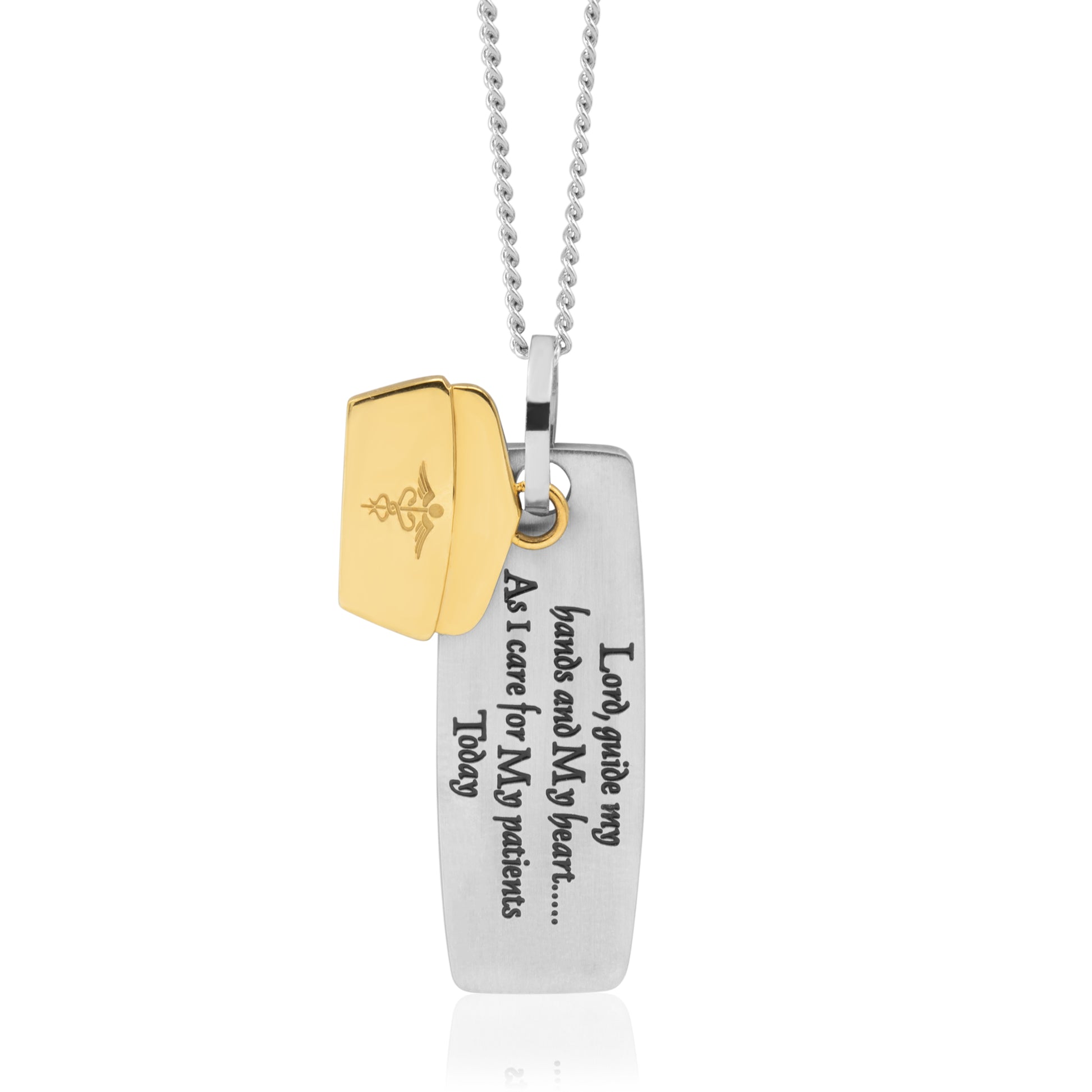 Engraved Stainless Steel Nurse's Prayer Pendant Necklace with Gold IP Plated Charm