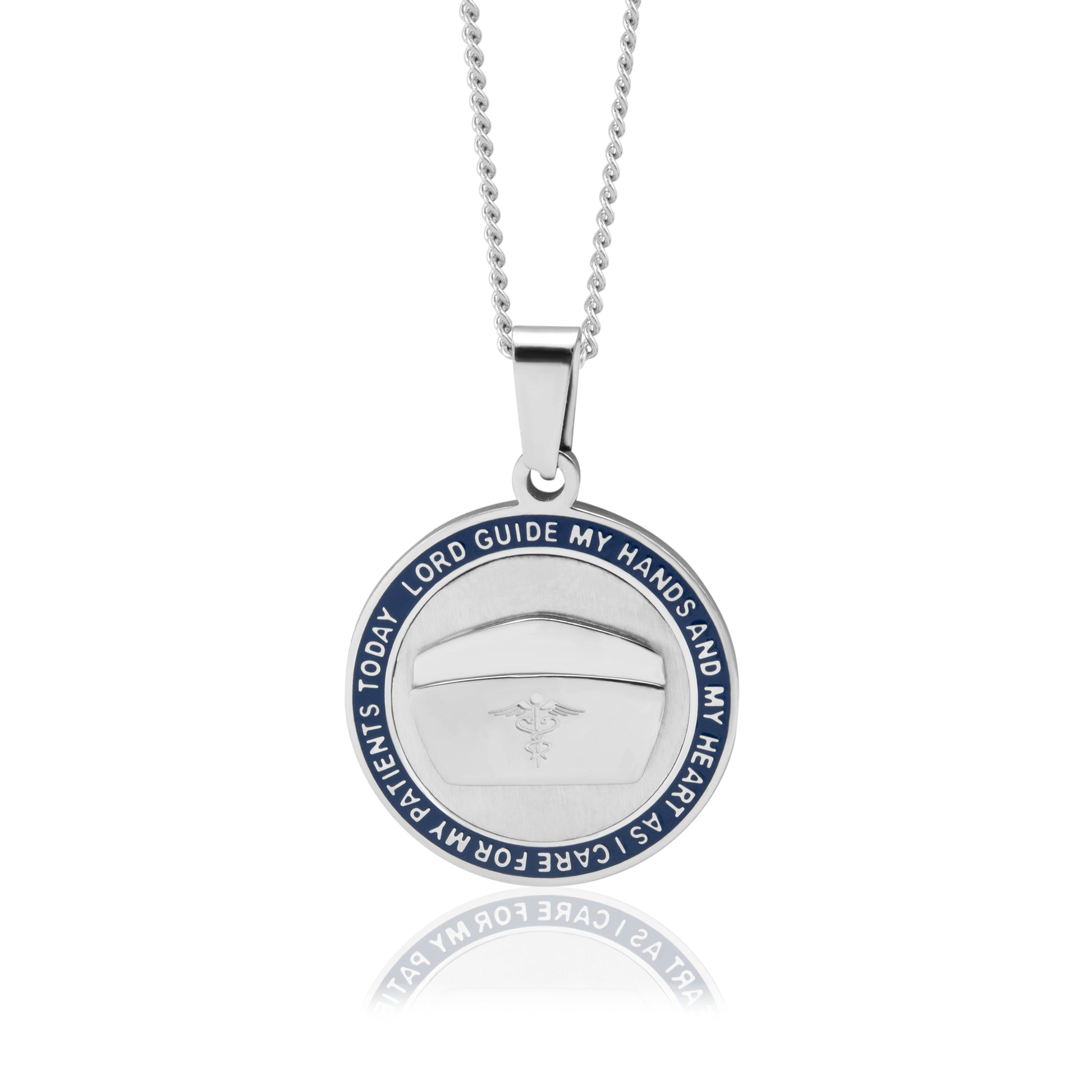 Round Nurse's Prayer in a blue enamel circle with Cap Pendant Necklace