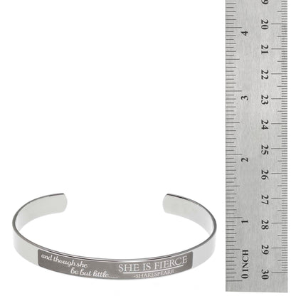 Stainless steel cuff bracelet with a powerful quote inscription by Shakespeare, celebrating female empowerment and motivation.