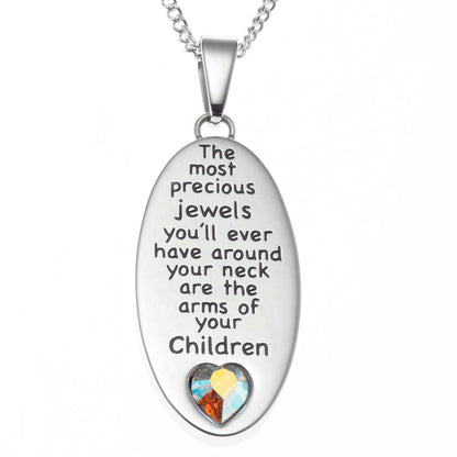 Arms of a Child Engraved Oval Pendant Necklace for Mom with Aurora Borealis Crystal