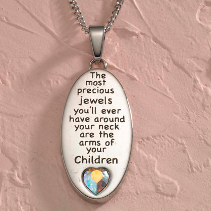 Arms of a Child Engraved Oval Pendant Necklace for Mom with Aurora Borealis Crystal