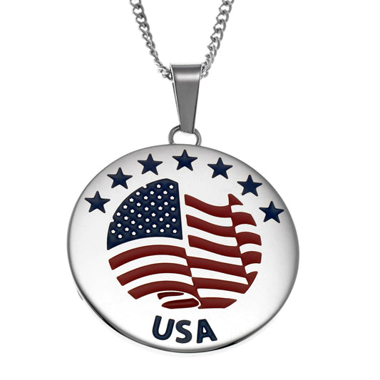 Patriotic Star and American Flag Disc Pendant Necklace - USA Pride Jewelry