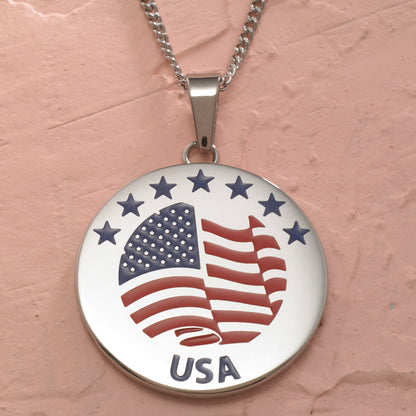 Patriotic Star and American Flag Disc Pendant Necklace - USA Pride Jewelry