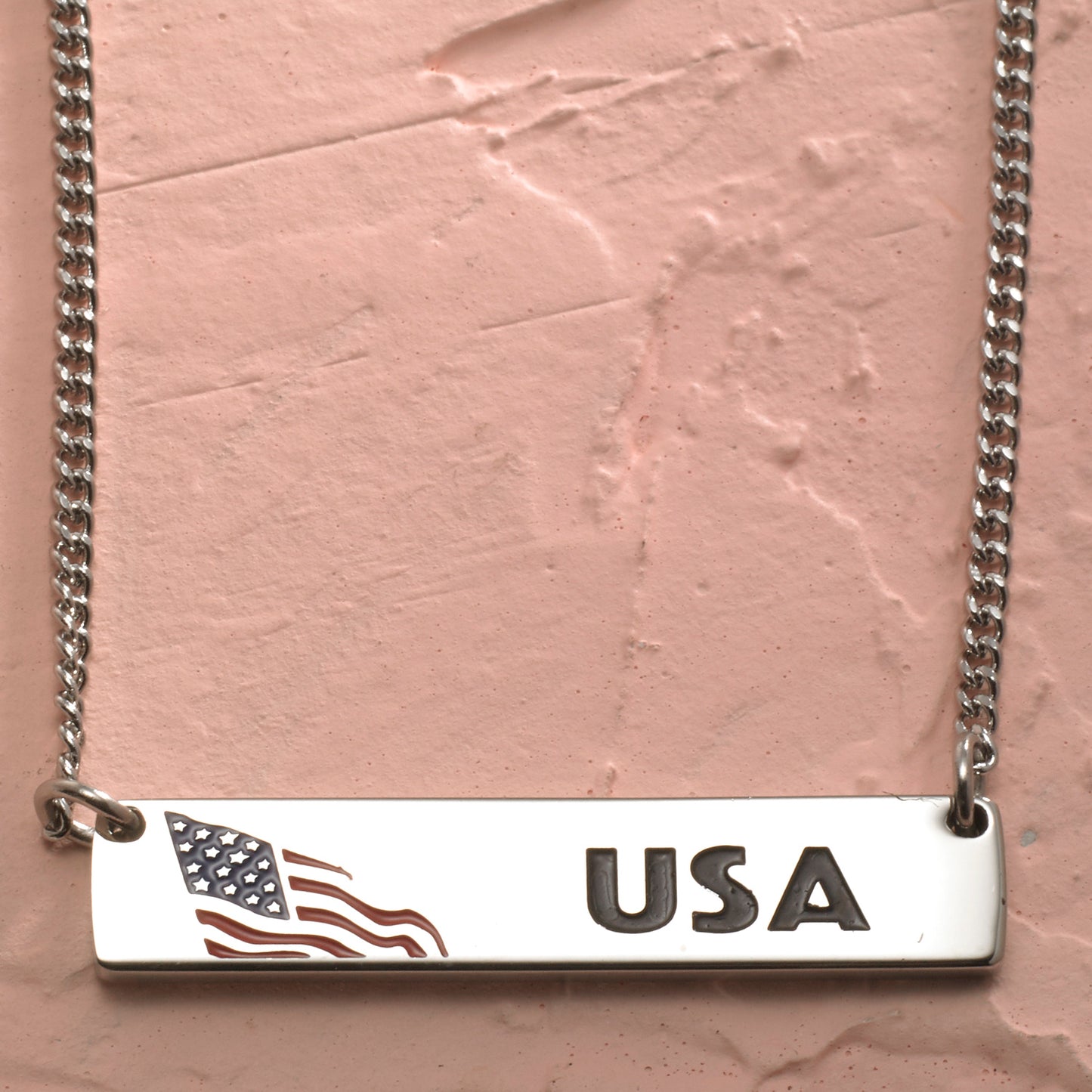 USA Flag Engraved Stainless Steel Bar Pendant Necklace