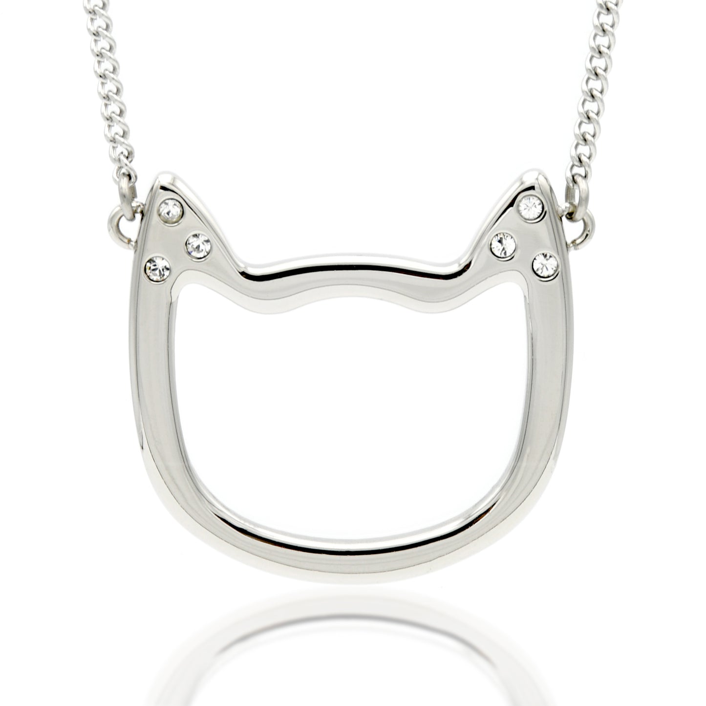 Cat Face Cut out Pendant Necklace with Cubic Zirconia Accents Stainless Steel Jewelry for Women Girls Gift for Cat Owner