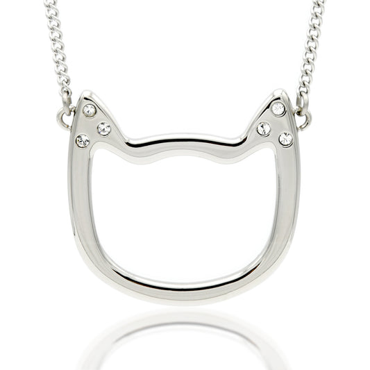 Stainless Steel Cat Face Outline Pendant Necklace with Cubic Zirconia Accents