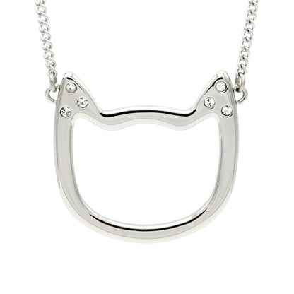 Stainless Steel Cat Face Outline Pendant Necklace with Cubic Zirconia Accents