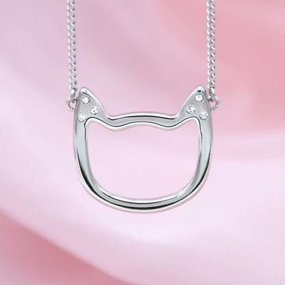 Stainless Steel Cat Face Outline Pendant Necklace with Cubic Zirconia Accents