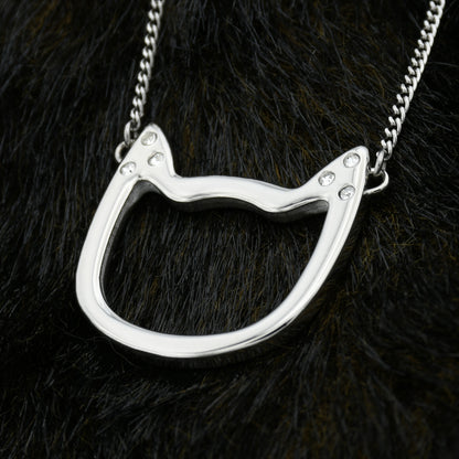 Stainless Steel Cat Face Outline Pendant Necklace with Cubic Zirconia Accents