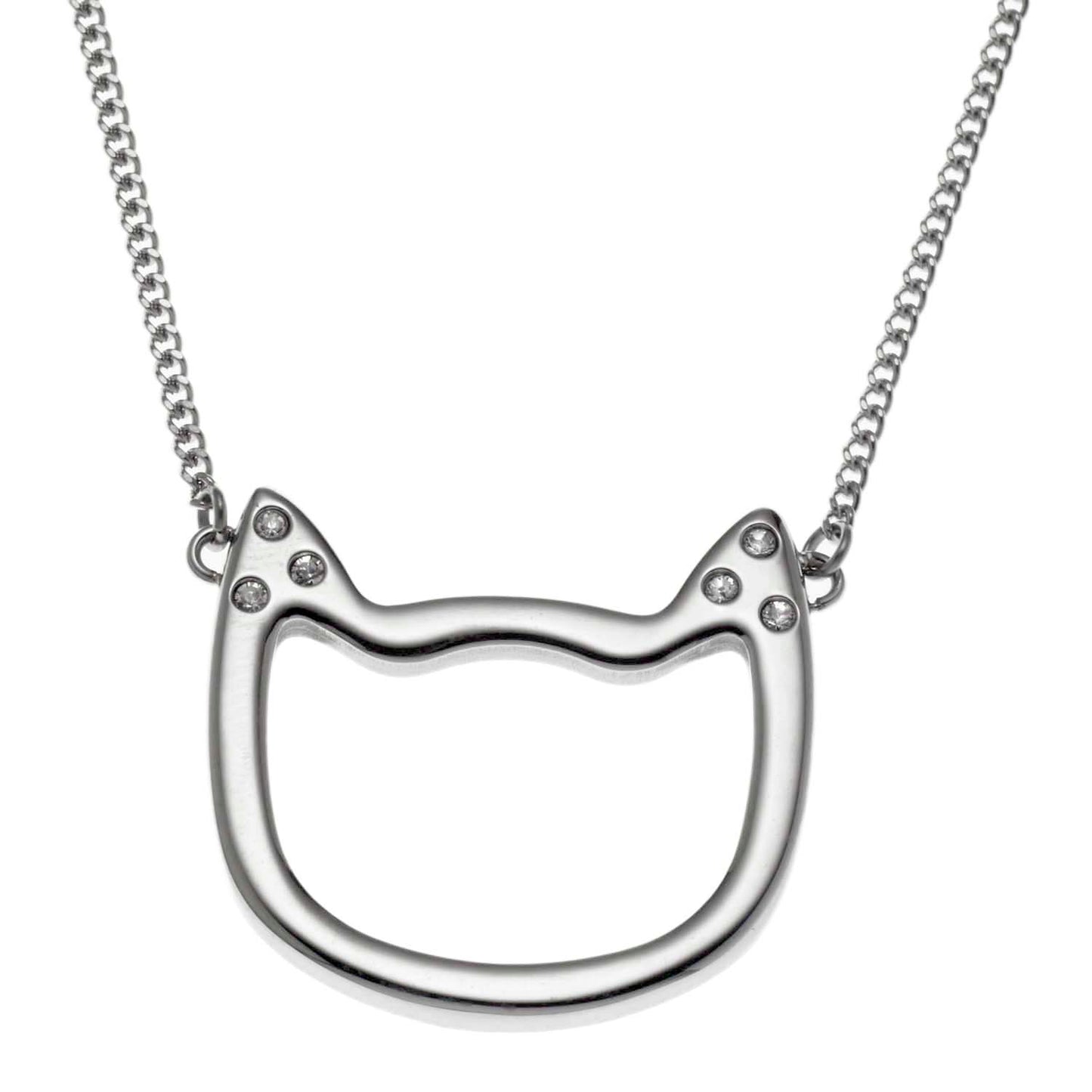 Stainless Steel Cat Face Outline Pendant Necklace with Cubic Zirconia Accents