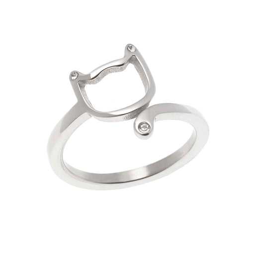 Stainless Steel Cat Face Wrap Ring with Cubic Zirconia Accents