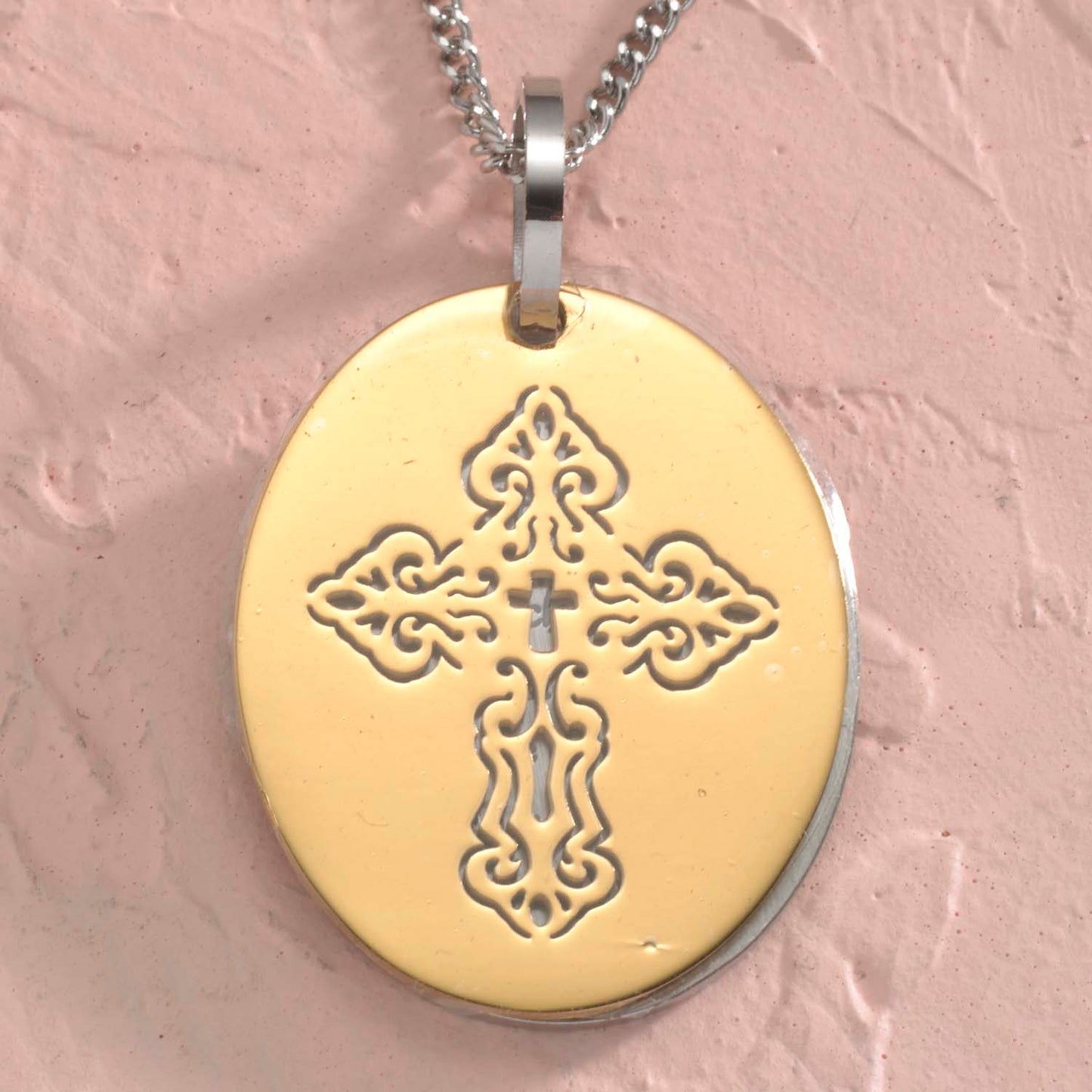 Etched Cross Serenity Prayer Pendant Necklace