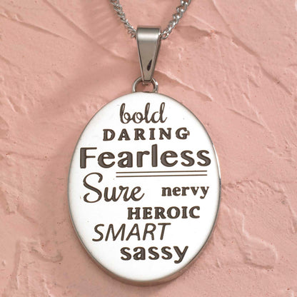 Fearless Inspirational Pendant Necklace for Women - Engraved Stainless Steel Oval Pendant with Empowering Words