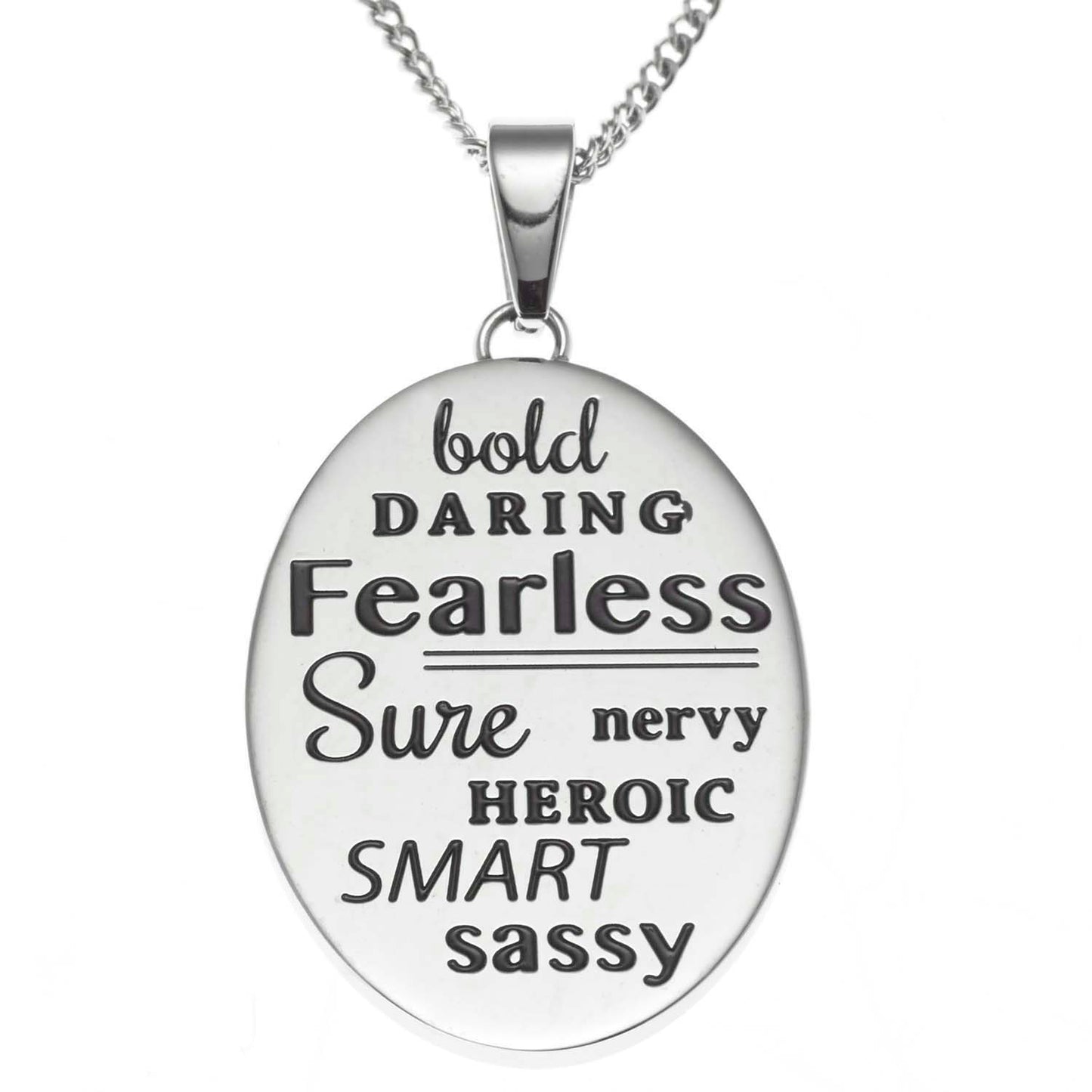 Fearless Inspirational Pendant Necklace for Women - Engraved Stainless Steel Oval Pendant with Empowering Words