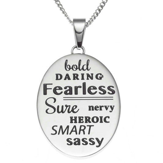 Fearless Inspirational Pendant Necklace for Women - Engraved Stainless Steel Oval Pendant with Empowering Words