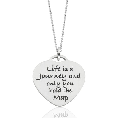 Inspirational Heart Compass Pendant Necklace in Stainless Steel - Life Is A Journey