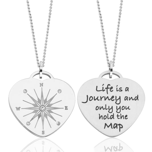 Inspirational Heart Compass Pendant Necklace in Stainless Steel - Life Is A Journey