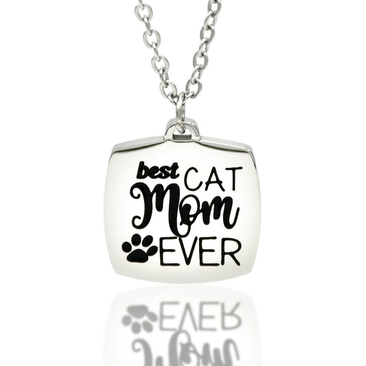 Best Cat Mom Ever Pendant Necklace Engraved Paw Print Jewelry