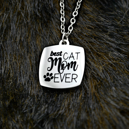 Best Cat Mom Ever Pendant Necklace Engraved Paw Print Jewelry