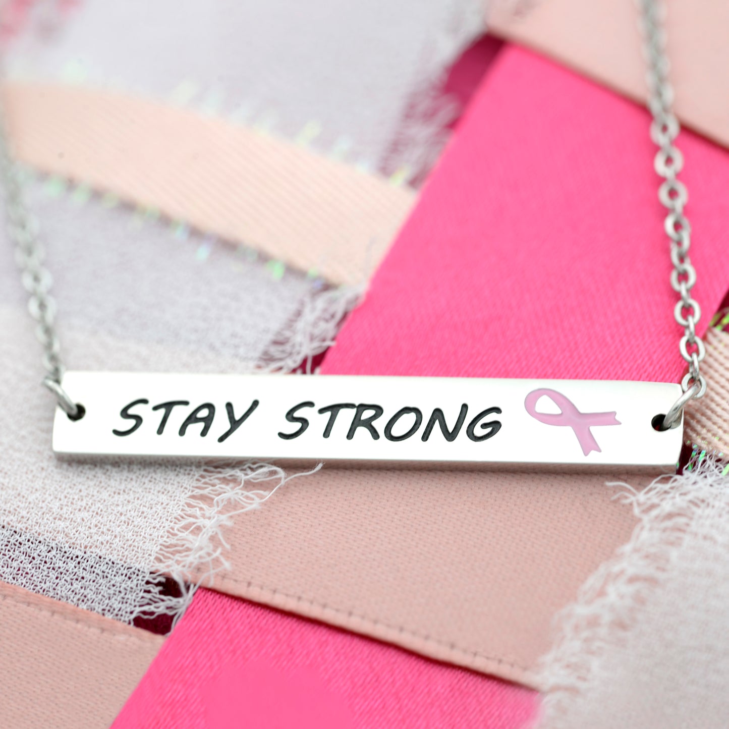 Stay Strong Inspirational Bar Pendant Necklace with Pink Ribbon for Breast Cancer Awareness Womens Necklace