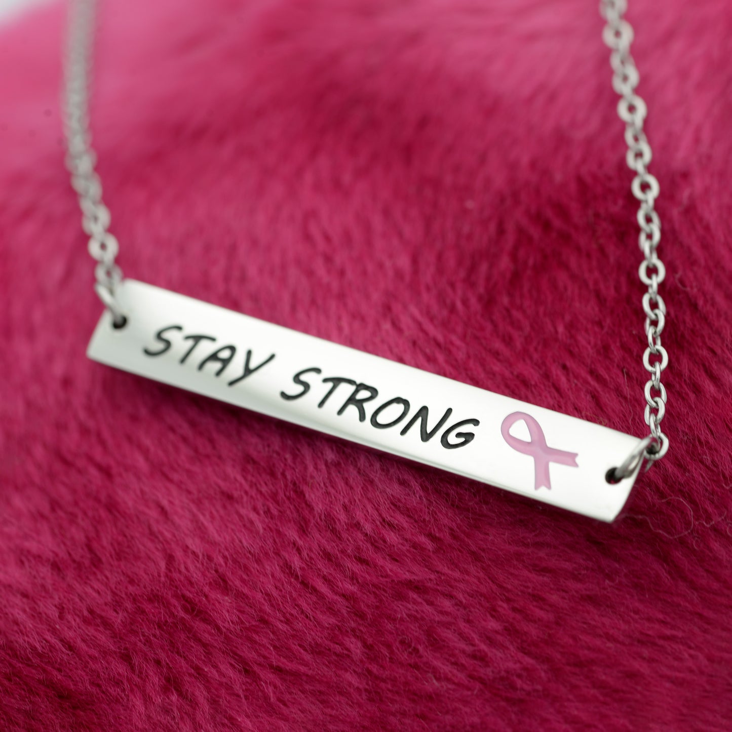 Stay Strong Inspirational Bar Pendant Necklace with Pink Ribbon for Breast Cancer Awareness Womens Necklace