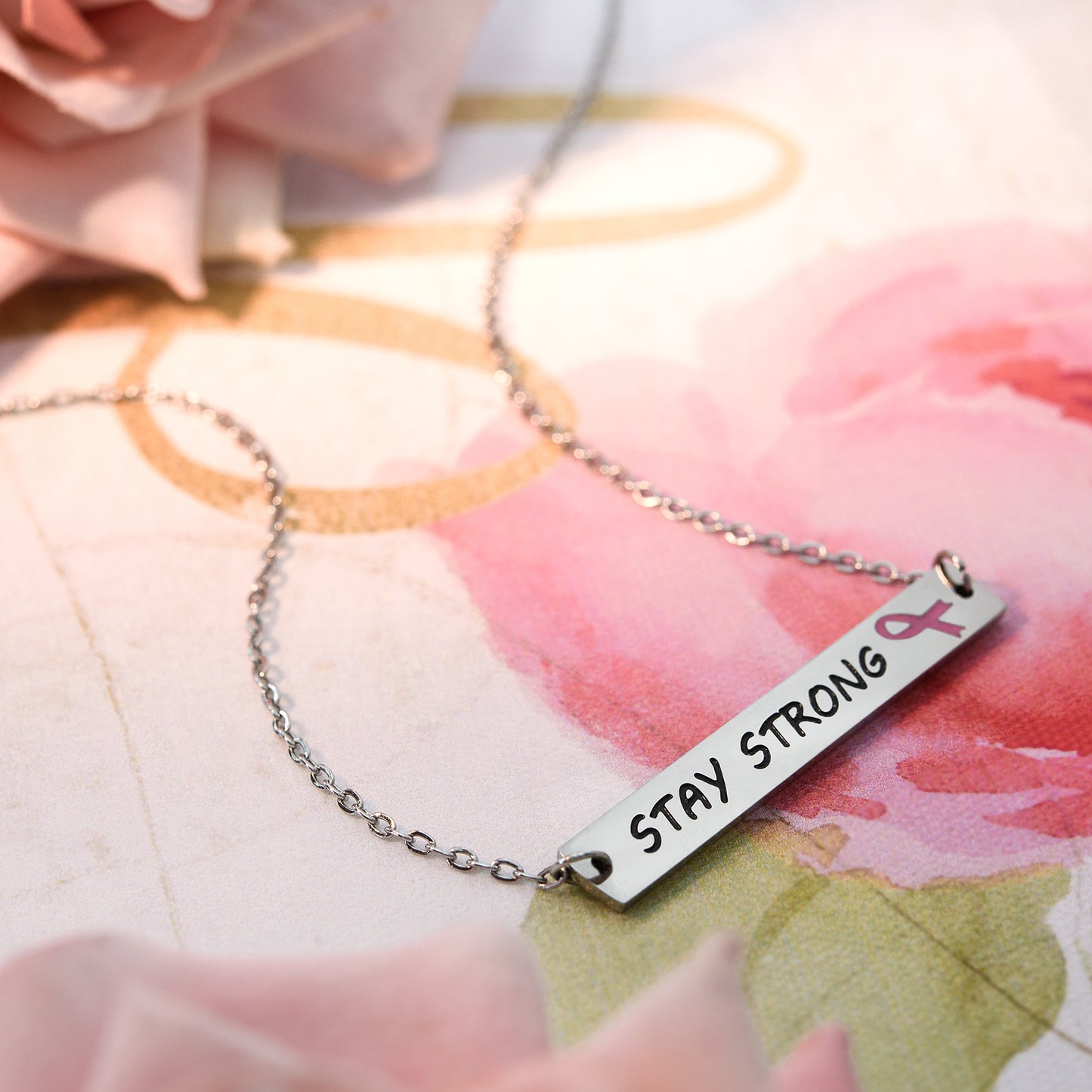Stay Strong Inspirational Bar Pendant Necklace with Pink Ribbon for Breast Cancer Awareness