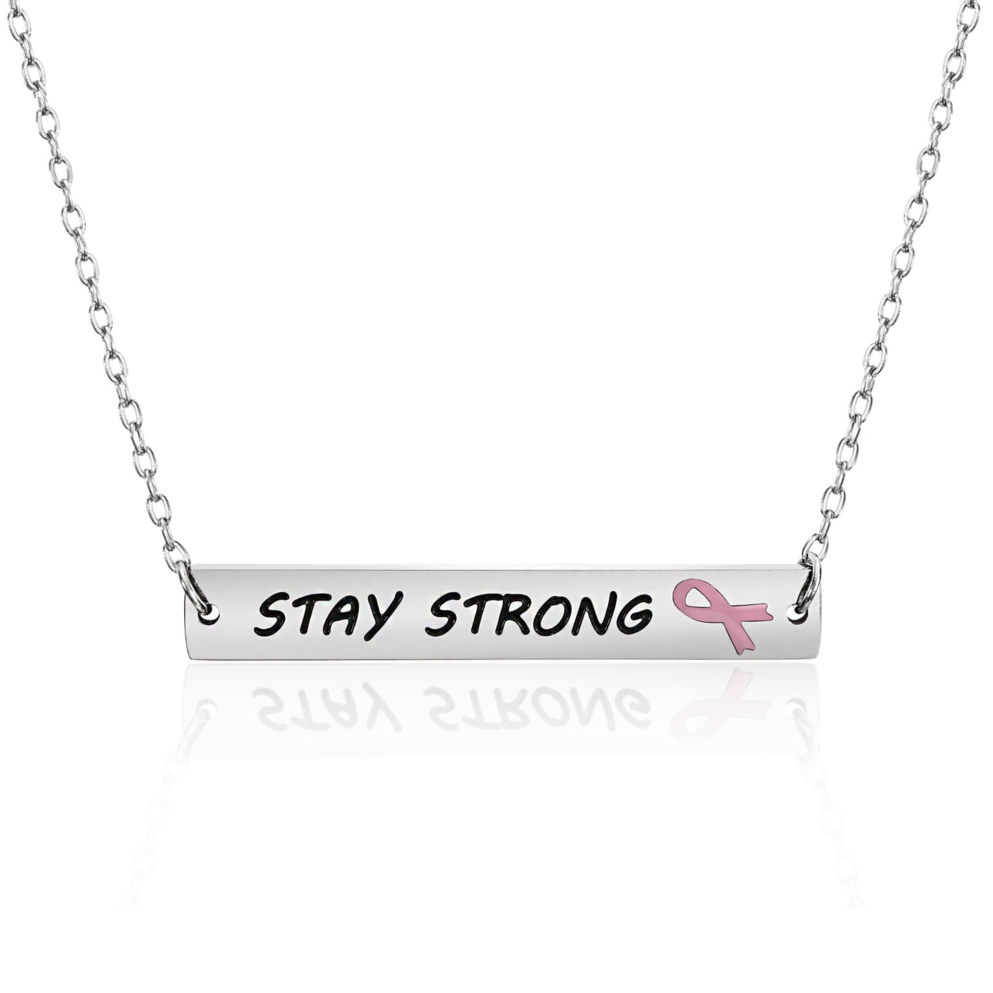 Stay Strong Inspirational Bar Pendant Necklace with Pink Ribbon for Breast Cancer Awareness