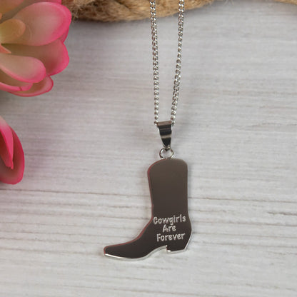 Cowgirls are Forever Cowgirl Boot Pendant Necklace with Black Enamel and Engraved Message Womens Jewelry for the Country Girl in You