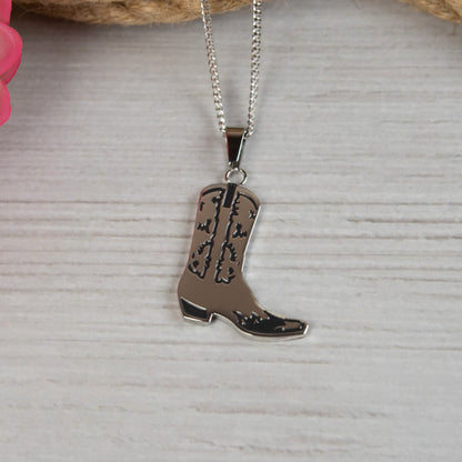 Cowgirls are Forever Cowgirl Boot Pendant Necklace with Black Enamel and Engraved Message Womens Jewelry for the Country Girl in You