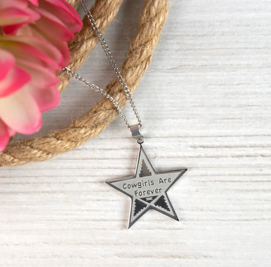 "Cowgirls are Forever" Star Pendant Necklace Stainless Steel Jewelry for Women Girls