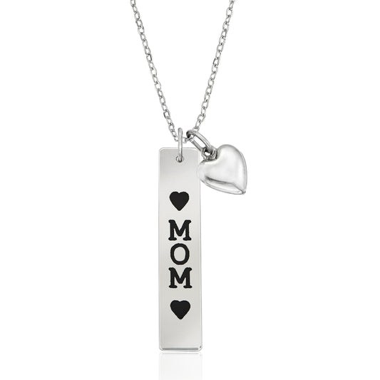 Stainless Steel Engraved "Mom" Bar Pendant Necklace - Sentimental Mother's Jewelry Gift