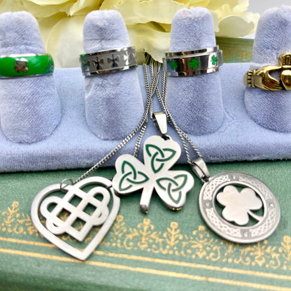 Celtic Trinity Knot Shamrock Pendant Necklace with Green Enamel Irish Stainless Steel Jewelry for Women or Men Perfect for St. Patrick's Day