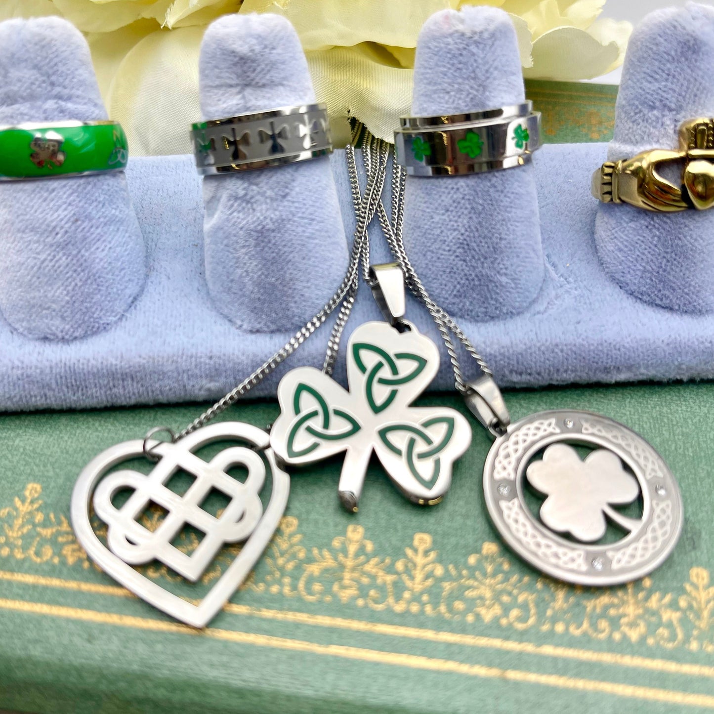 Celtic Knot Shamrock Pendant Necklace with Crystals Stainless Steel Good Luck Jewelry for Women Men