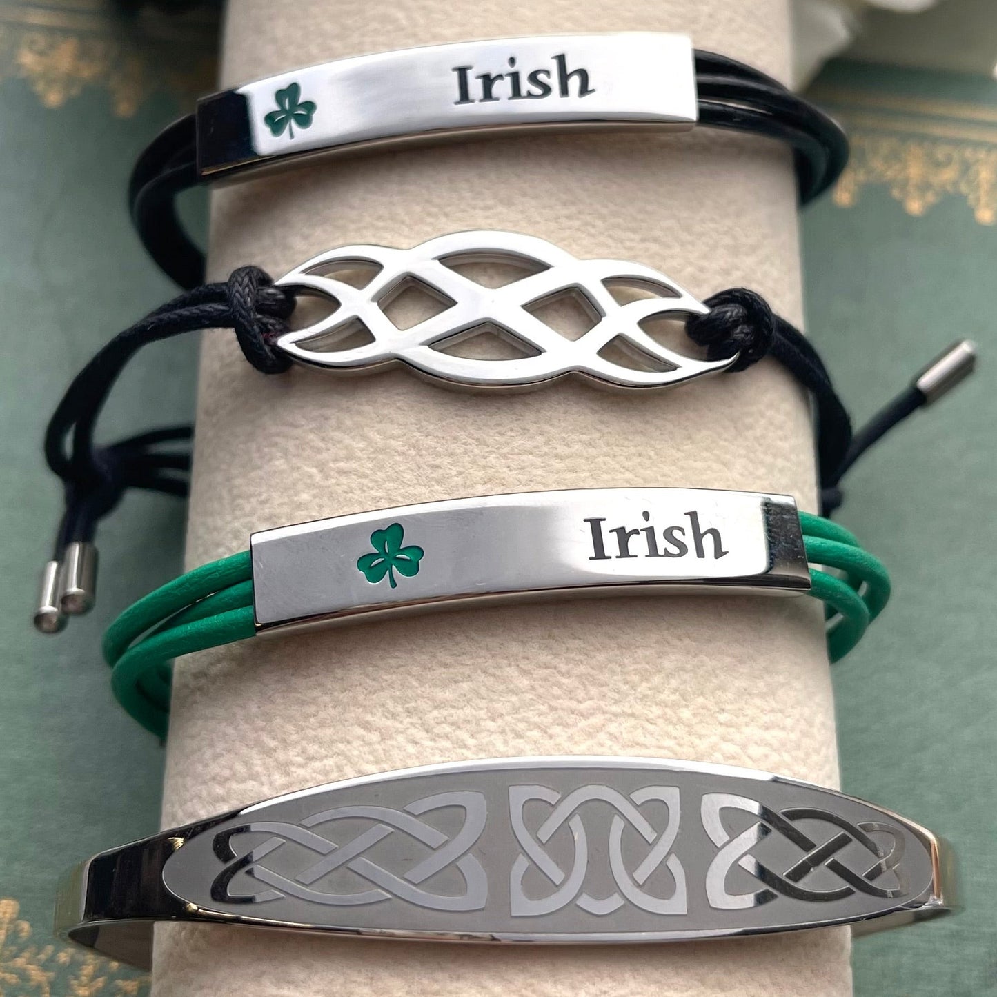 Black Leatherette Cord Bracelet with Shamrock and Engraved with Irish Stainless Steel